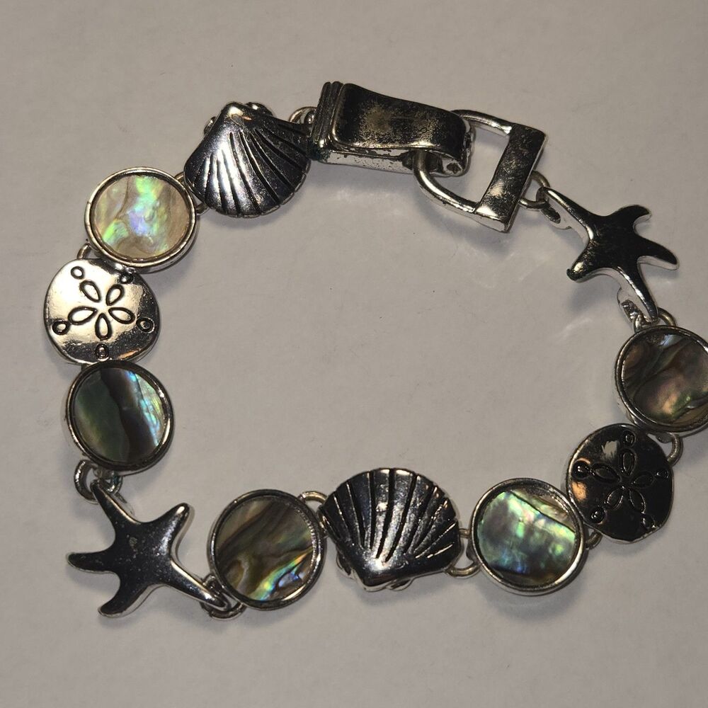 Starfish Sand Dollar, Seashell Bracelet Multi-Green Abalone Rhodium Plated